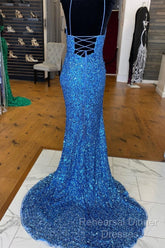 Sparkle Blue Sequin  Semi Formal Prom Dresses Iridescent Mermaid Long Formal Dresses Side Slit